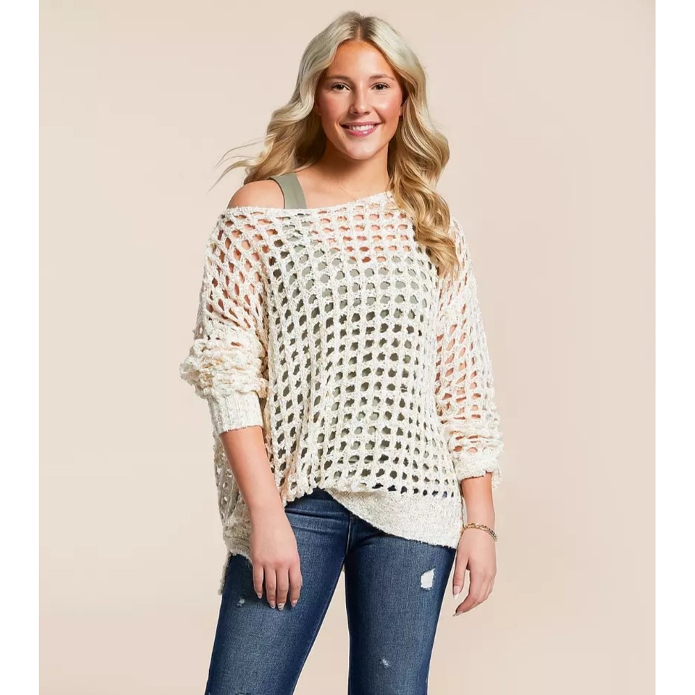 New Bke Sweater Large Crochet Eyelash Pointelle Open Knit Cream Relaxed Pullover
